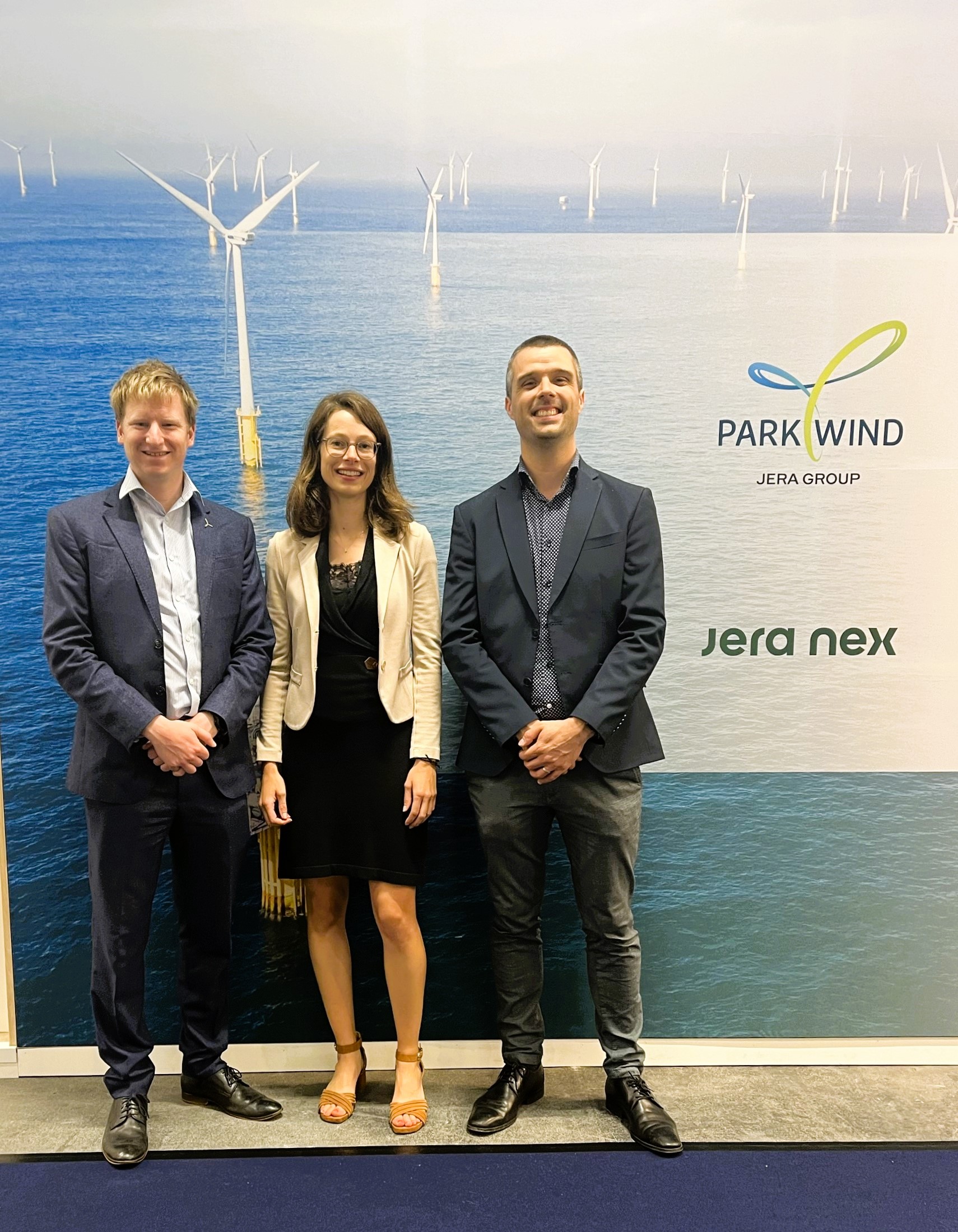 Dr Andrew Jenkins with Elien Van Winckel and David Caes from Parkwind at WindEnergy Hamburg.